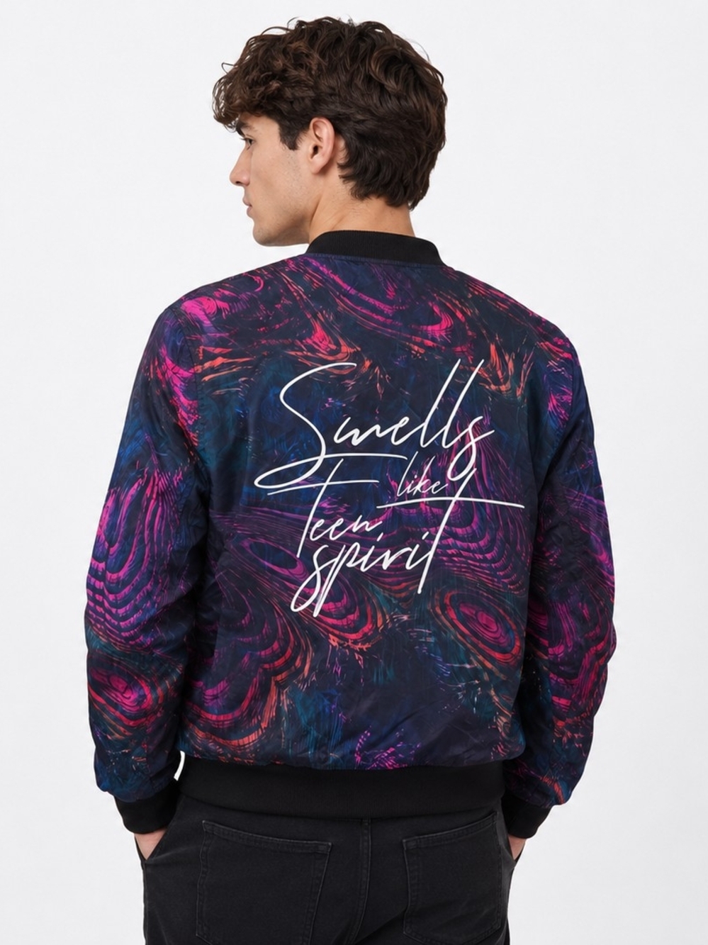 Men's Black & Purple Swirl Graphic Jacket Smells Of Teen Spirit